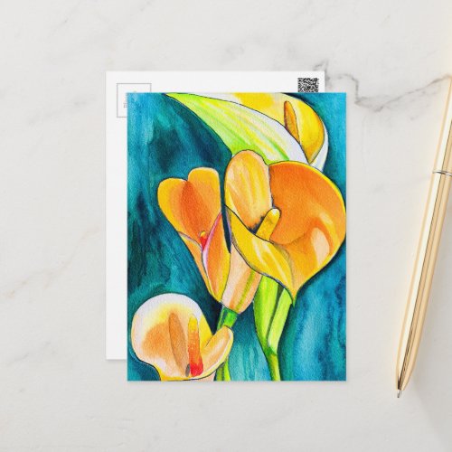 Orange Calla lily flower watercolor art Postcard