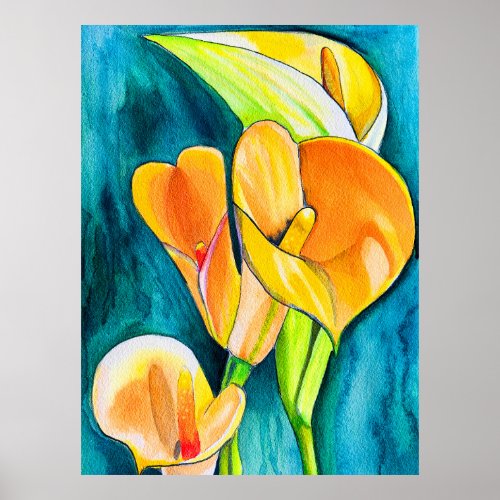 Orange Calla lily flower watercolor art Poster