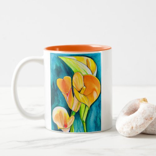 Orange Calla lily flower watercolor art Two_Tone Coffee Mug