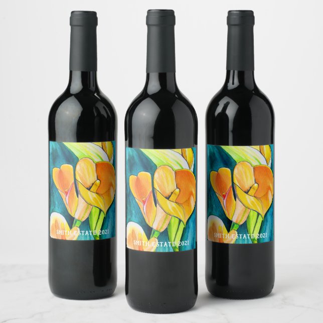 Orange Calla lily flower watercolor art Wine Label (Bottles)
