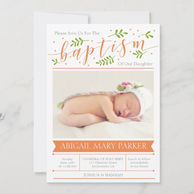 Orange Calligraphy Baptism Photo Invitation Card (Front)