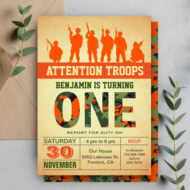Orange Camo Camouflage First Birthday Invitation (Creator Uploaded)