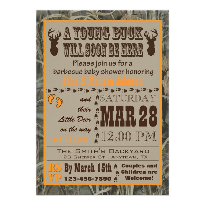 Orange Camo Hunting Baby Shower Invitations