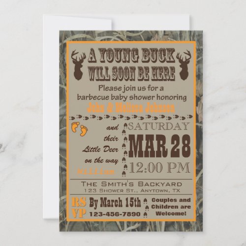 Orange Camo Hunting Baby Shower Invitations