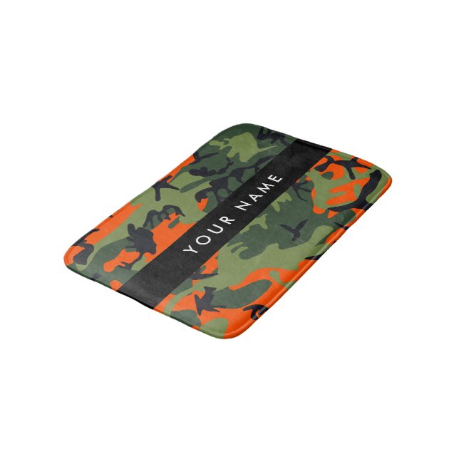 Orange Camouflage Pattern, Your name, Personalize Bath Mat (Angled)