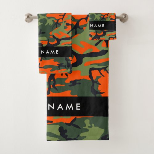 Orange Camouflage Pattern Your name Personalize Bath Towel Set