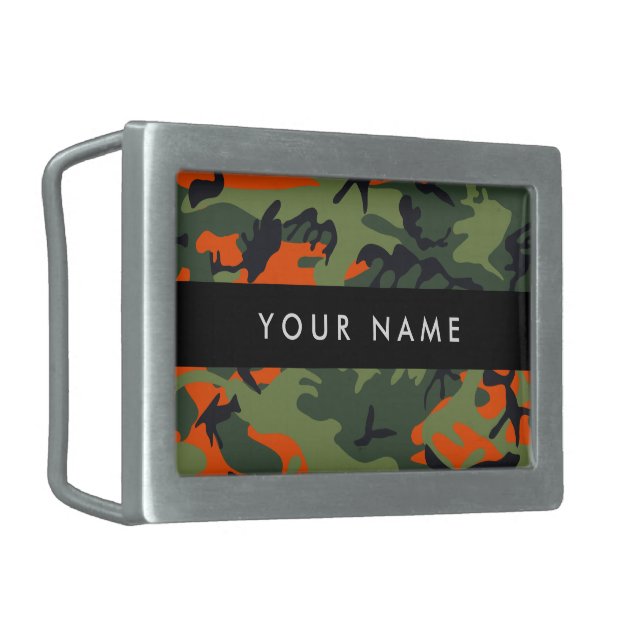 Orange Camouflage Pattern, Your name, Personalize Belt Buckle (Front Left)
