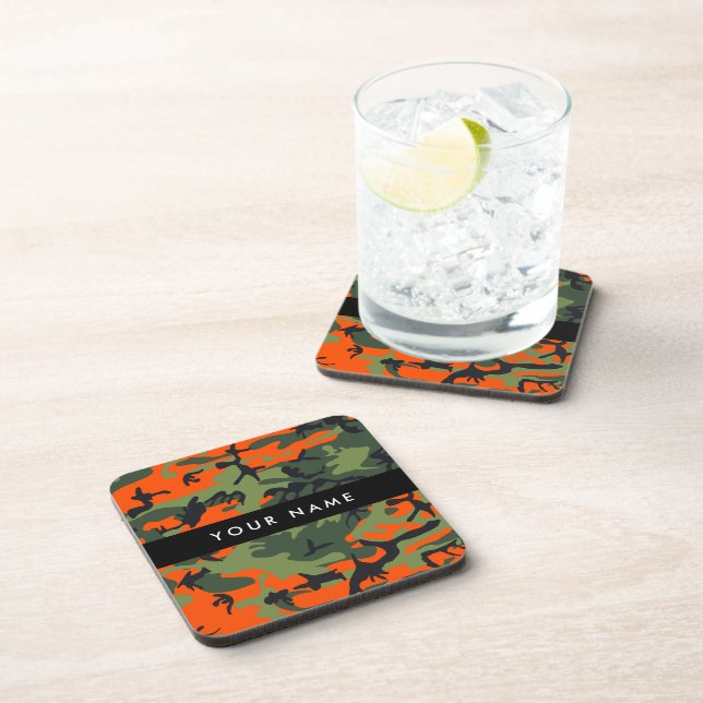 Orange Camouflage Pattern, Your name, Personalize Beverage Coaster (Right Side)