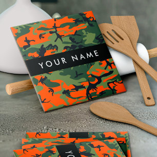 Orange Camouflage Pattern, Your name, Personalize Ceramic Tile