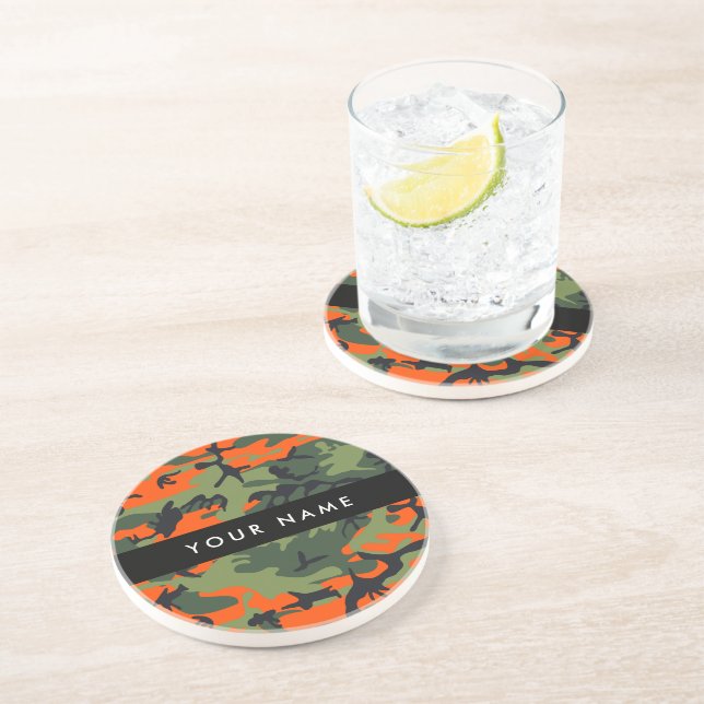 Orange Camouflage Pattern, Your name, Personalize Coaster (Side)