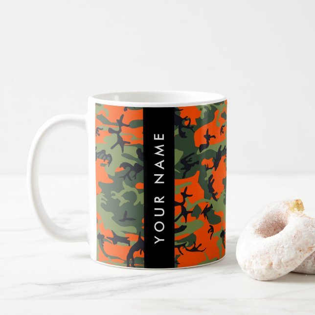 Orange Camouflage Pattern, Your name, Personalize Coffee Mug (With Donut)