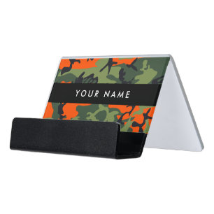 Orange Camouflage Pattern, Your name, Personalize Desk Business Card Holder