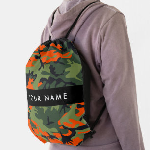 Orange Camouflage Pattern, Your name, Personalize Drawstring Bag