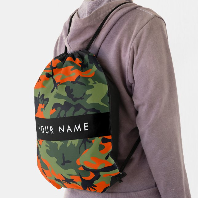 Orange Camouflage Pattern, Your name, Personalize Drawstring Bag (Insitu)