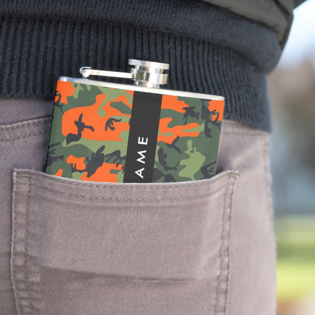 Orange Camouflage Pattern, Your name, Personalize Flask (In Situ)