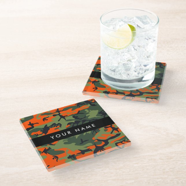 Orange Camouflage Pattern, Your name, Personalize Glass Coaster (Angled)