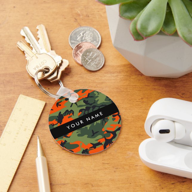Orange Camouflage Pattern, Your name, Personalize Keychain (Desk)