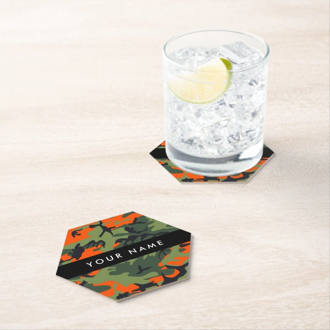Orange Camouflage Pattern, Your name, Personalize Paper Coaster (Insitu)