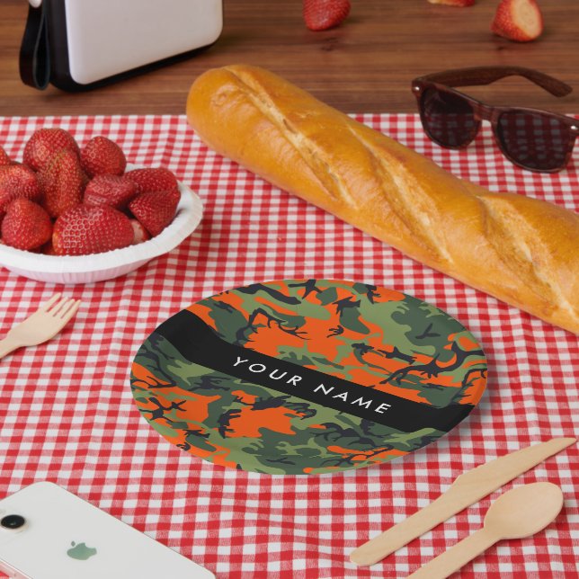 Orange Camouflage Pattern, Your name, Personalize Paper Plates (Picnic)