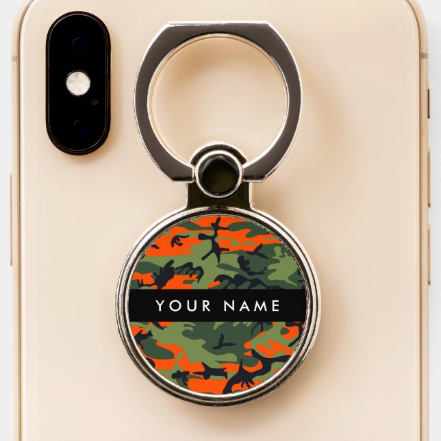 Orange Camouflage Pattern, Your name, Personalize Phone Ring Stand (Close Up)