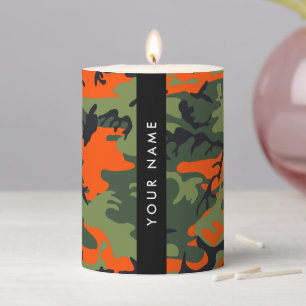 Orange Camouflage Pattern, Your name, Personalize Pillar Candle