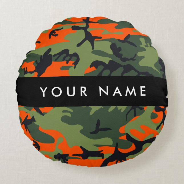 Orange Camouflage Pattern, Your name, Personalize Round Pillow (Front)
