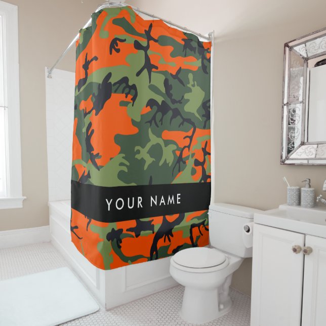 Orange Camouflage Pattern, Your name, Personalize Shower Curtain (In Situ)