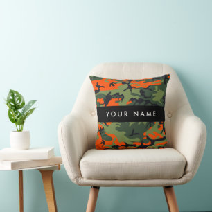 Orange Camouflage Pattern, Your name, Personalize Throw Pillow