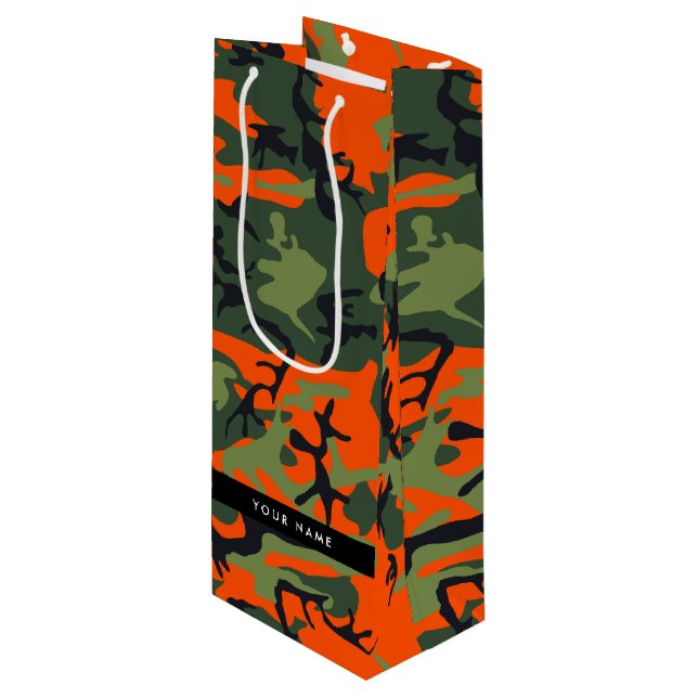 Orange Camouflage Pattern, Your name, Personalize Wine Gift Bag (Front Angled)