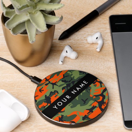 Orange Camouflage Pattern Your name Personalize Wireless Charger