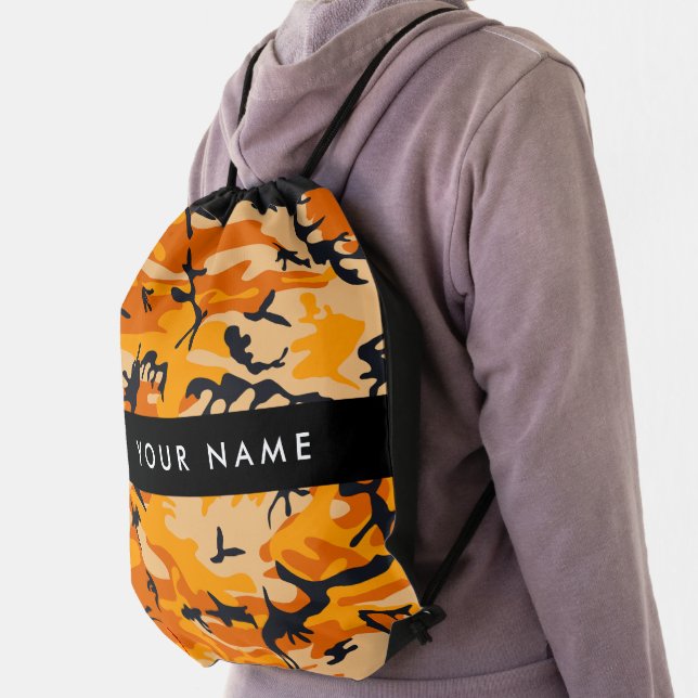 Orange Camouflage Your name Personalize Drawstring Bag (Insitu)