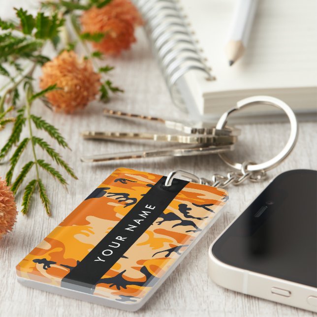 Orange Camouflage Your name Personalize Keychain (Front Right)