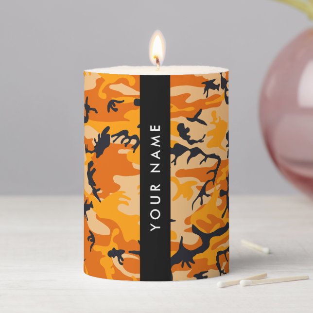 Orange Camouflage Your name Personalize Pillar Candle (In Situ)
