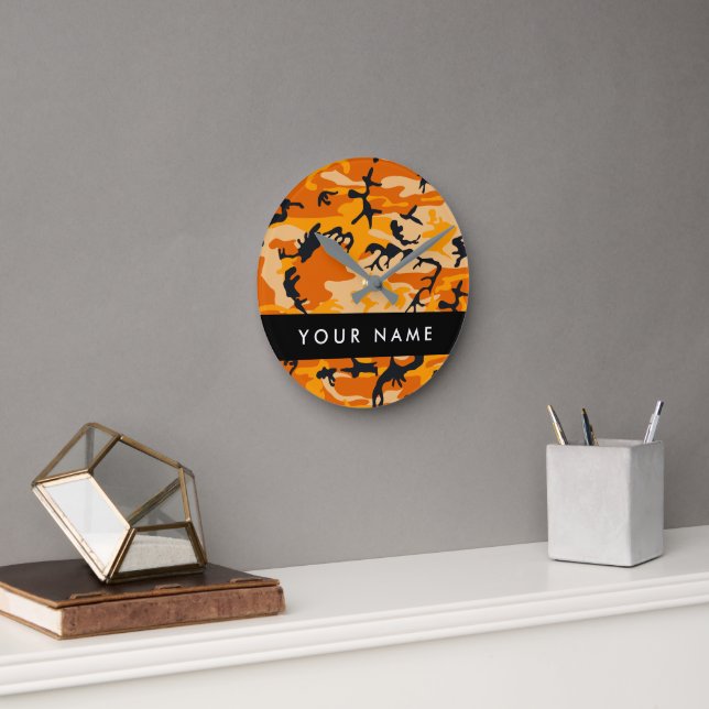 Orange Camouflage Your name Personalize Round Clock (Office)