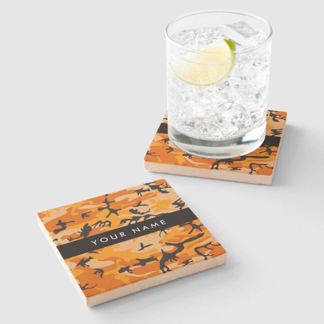 Orange Camouflage Your name Personalize Stone Coaster (Side)