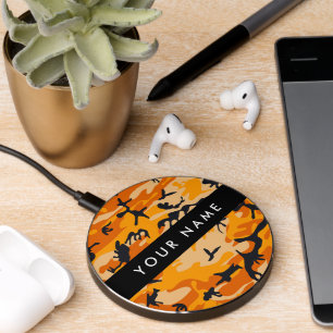 Orange Camouflage Your name Personalize Wireless Charger