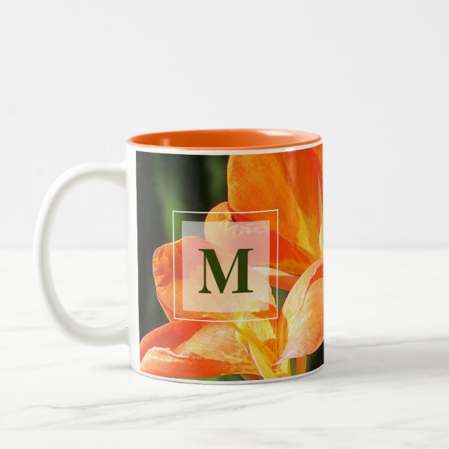 Orange Canna Lily Monogram Two-Tone Coffee Mug (Left)