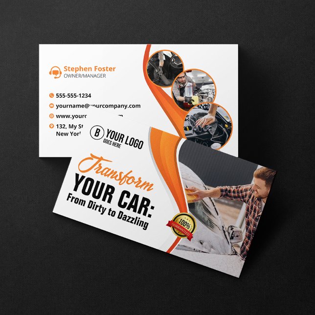 Orange Car Washing Waxing Auto Detailing Service Business Card (Creator Uploaded)