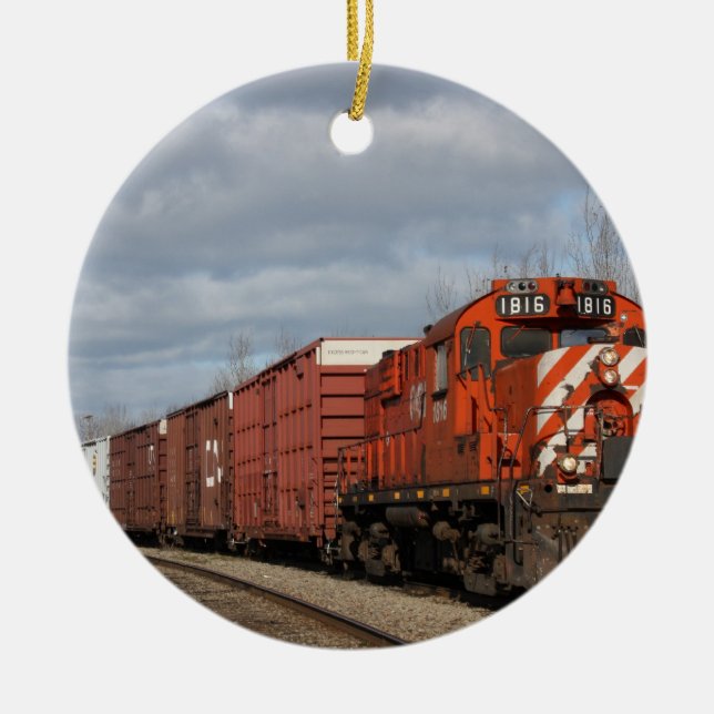 Orange Cargo Train Christmas Ornament (Front)