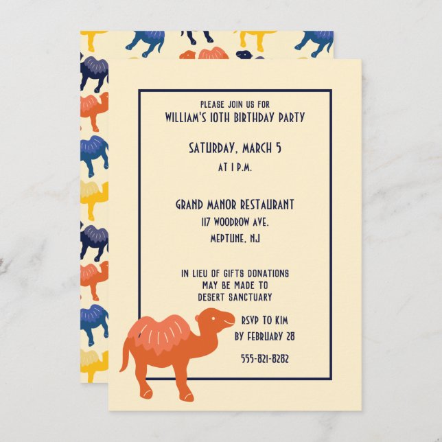 Orange Cartoon Camel Bactrian 2 Humps Custom Invitation (Front/Back)