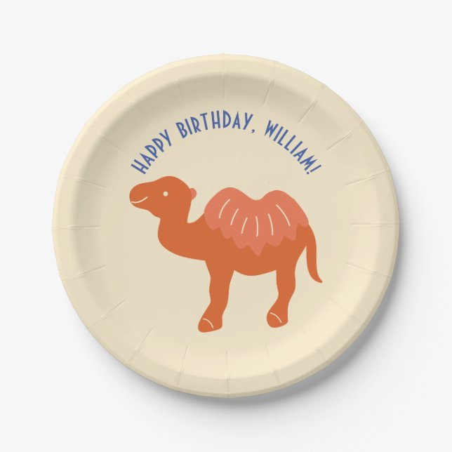 Orange Cartoon Camel Birthday Party Personalized Paper Plates (Front)