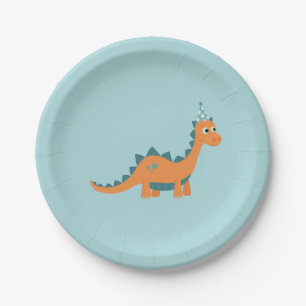 Orange cartoon dinosaur wearing birthday party hat paper plates