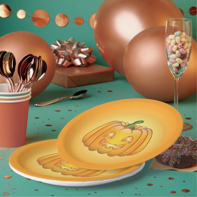 Orange Cartoon Halloween Pumpkin Paper Plates (Multi)