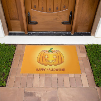Orange Cartoon Pumpkin And Happy Halloween Text Doormat