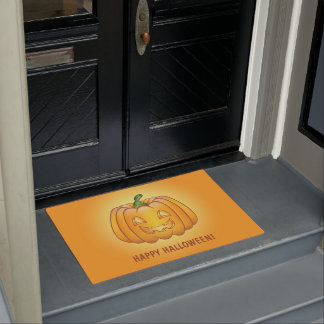 Orange Cartoon Pumpkin And Happy Halloween Text Doormat