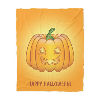Orange Cartoon Pumpkin And Happy Halloween Text Fleece Blanket