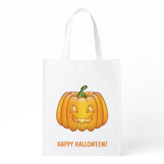 Orange Cartoon Pumpkin And Happy Halloween Text Grocery Bag