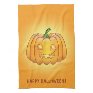 Orange Cartoon Pumpkin And Happy Halloween Text Kitchen Towel