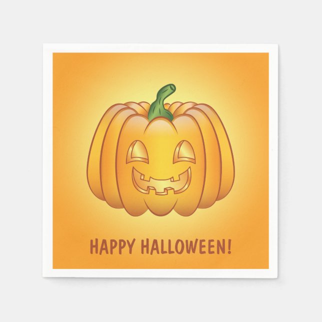 Orange Cartoon Pumpkin And Happy Halloween Text Napkins (Front)