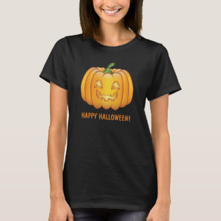 Orange Cartoon Pumpkin And Happy Halloween Text T-Shirt